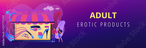Couple shopping in adult shop with sexual entrtainment toys and accessories. Sex shop, online sex store, adult erotic products concept. Header or footer banner template with copy space.