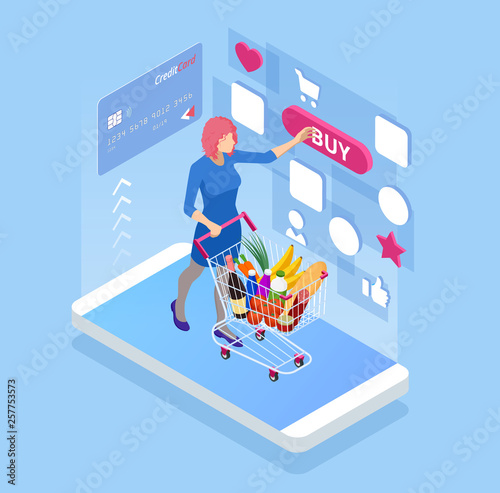 Isometric buying food online, e-supermarket concept. Smart phone with grocery shopping online.