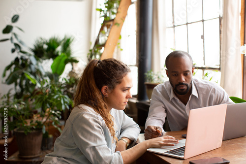 Canvas Print Coworkers doing research over laptop computer on table against window in home of
