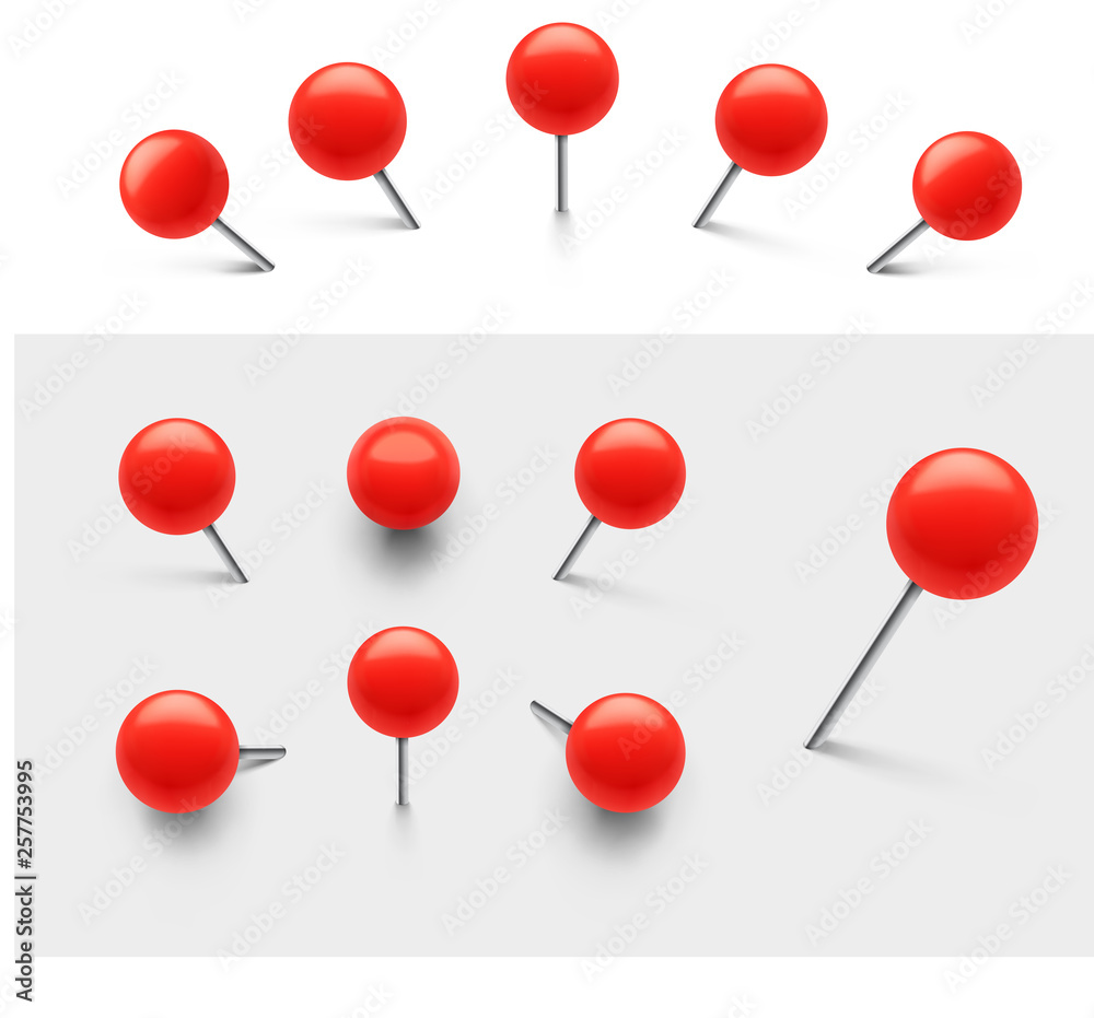 Set of red push pins. Thumbtacks ready for your design. Different angle  view. Vector illustration isolated on white background. EPS10. Stock Vector  | Adobe Stock