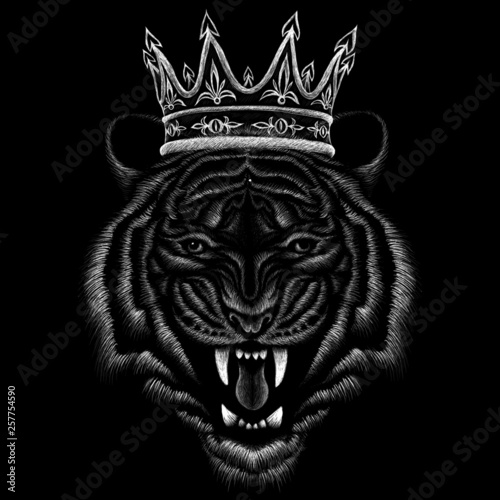 The Vector logo tiger king for tattoo or T-shirt design or outwear.  Cute crown print style cat of background.