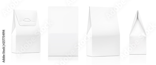 Realistic packaging boxes mockup. Front, rear and perspective view. Vector illustration isolated on white background. Can be use for medicine, food, cosmetic and etc. EPS10.