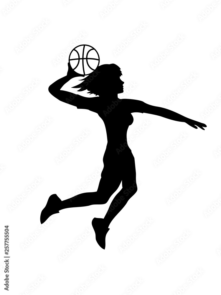 springen dunking basketball dunk frau weiblich mädchen cool logo treffer tor im netz korb werfen spielen verein spaß sport stange club team crew spiel fan trikot clipart design