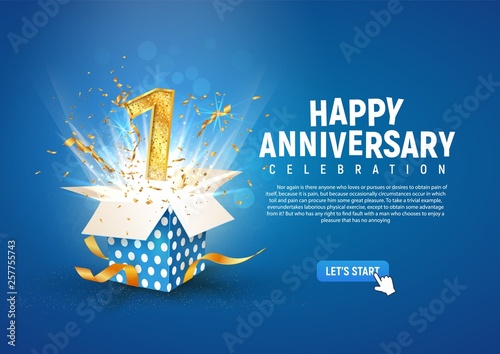 Foto 1 st year anniversary banner with open burst gift box