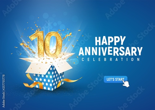 10 th years anniversary banner with open burst gift box. Template tenth birthday celebration and abstract text on blue background vector illustration