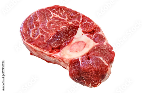 Ossobuco raw marbled beef on white background, isolated.