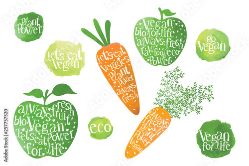 Bright vegan, raw, power lettering set, label kit for shops, firms, studios, web- design, tags, badges, scrapbooking graphics, universal typography emblems for cards, invitations, posters
