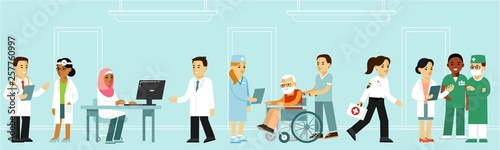 Medicine concept with different doctors, medical staff and patients in flat style. Group of young practitioner doctors men and women in hospital office. Consultation and diagnosis