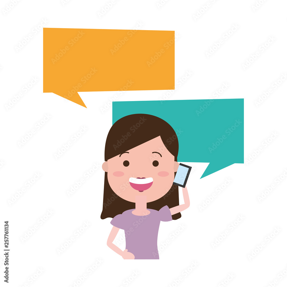 woman with smartphone and speech bubble character