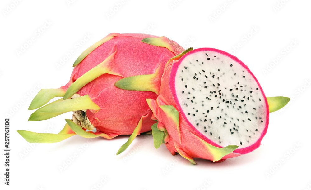 One whole and a half of ripe pitahaya (isolated) One whole and a half of ripe pitahaya (isolated)