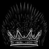 The throne of  kings and crown and cold weapons of the Middle Ages and swords or T-shirt design or outwear. Hunting swords of king background.