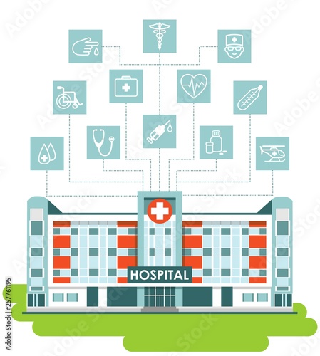 Medical concept with icons set and hospital building in flat style. City background with hospital building, ambulance car and different medicine icons isolated on white background