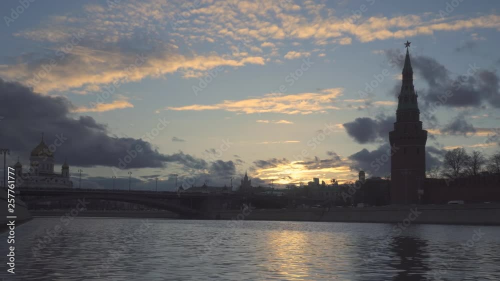 panoramic view of Moscow river at sunset dolly shot panoramic view of Moscow river at sunset dolly shot
