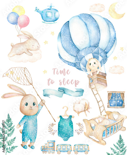Obraz Ustaw słodką kartę urodzinową z kreskówką dwa króliczek. Akwarela króliki dziecko clipart kołyska i zabawki dla dziecka, dziecka, łóżeczko dla chłopca, niedźwiedź, wstążka na zaproszenie, kartkę z życzeniami na białym tle