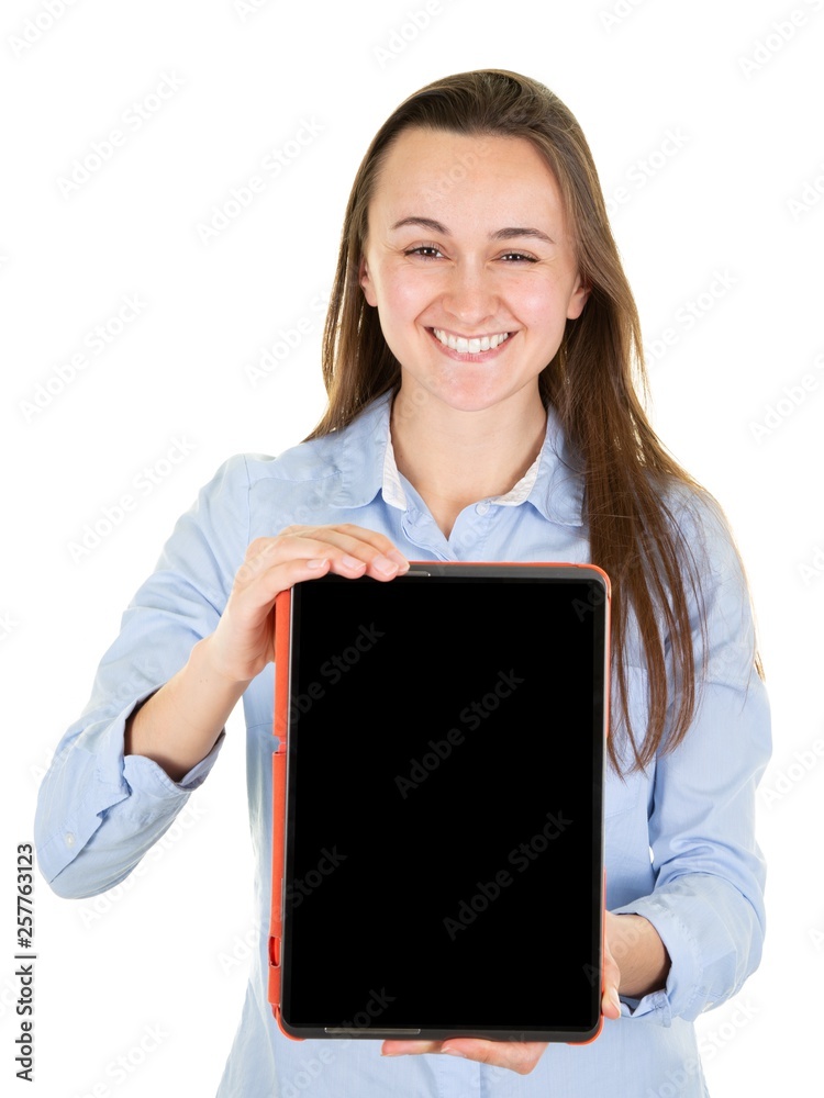 Smiling teacher or student holding tablet pc with black blank screen Smiling teacher or student holding tablet pc with black blank screen