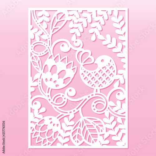 Lace greeting card with flowers and bird. Laser cutting template.