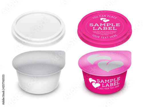 Vector labeled round plastic container sealed with foil. Packaging mockup illustration.