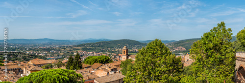 Perugia panoramic cityscape panorama in Umbria, Italy skyline view of church tower and rooftops of town village in summer landscape