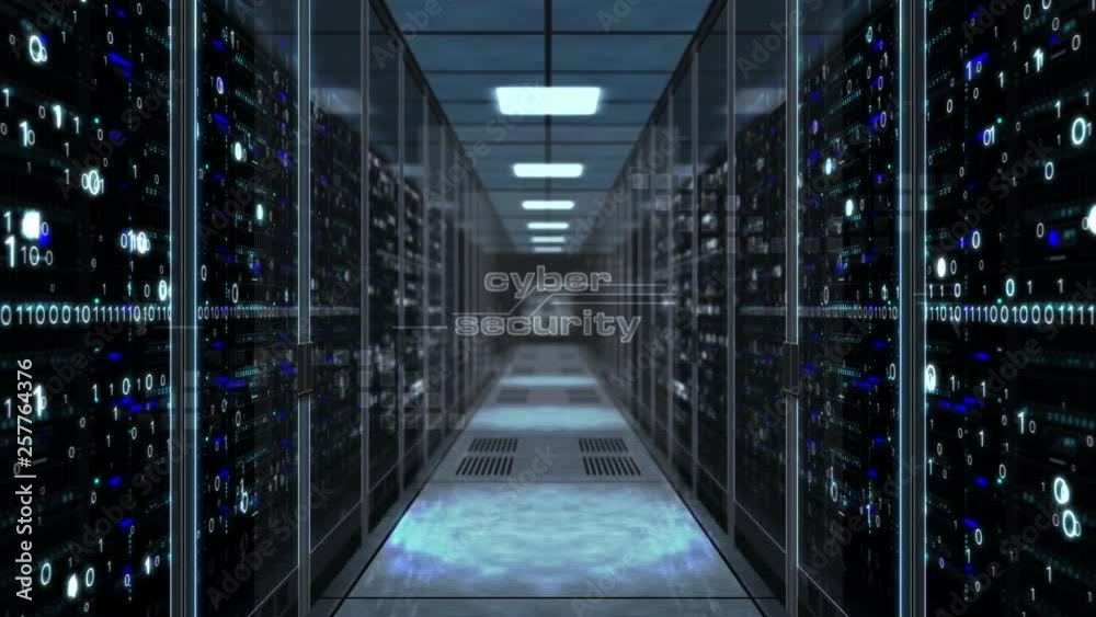 Cyber security with padlock symbol on glass door in server room. Flight through the corridor with large computer racks. Endless and loopable 3D abstract concept animation.