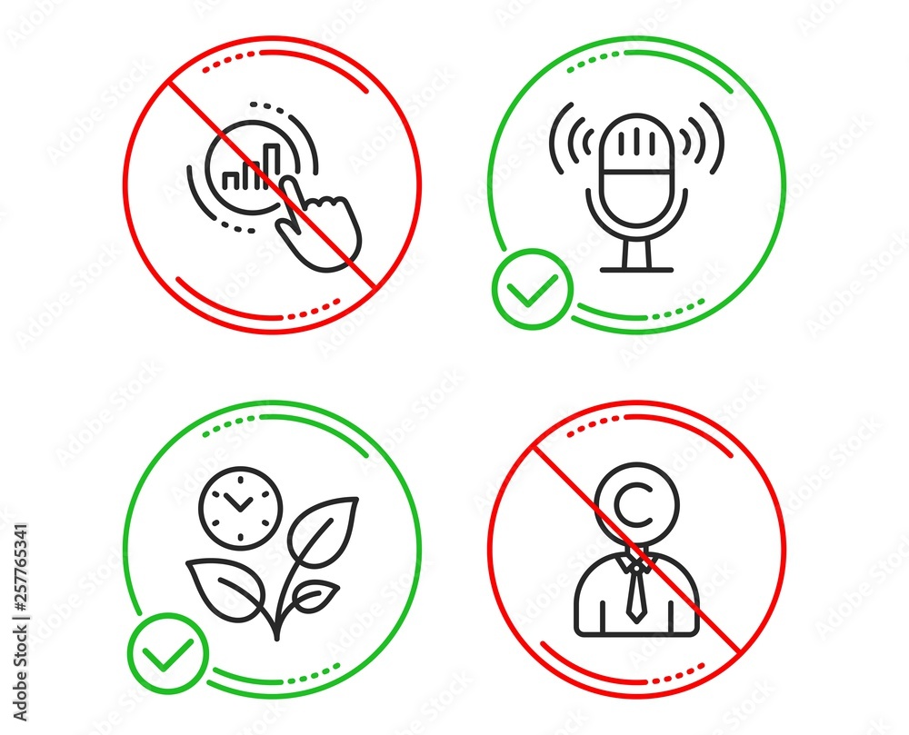Do or Stop. Graph chart, Microphone and Leaves icons simple set. Copyrighter sign. Get report, Mic, Grow plant. Writer person. Business set. Line graph chart do icon. Prohibited ban stop. Good or bad