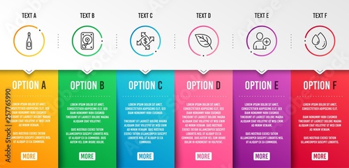 Payment exchange, Add user and Hdd icons simple set. Leaf, Champagne and Oil drop signs. Money transfer, Profile settings. Business set. Infographic template. 6 steps timeline. Business options