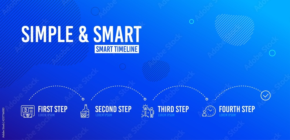 Infographic timeline. Bitcoin atm, Whiskey glass and Creative idea icons simple set. Time management sign. Cryptocurrency change, Scotch drink, Startup. Work time. Business set. 4 steps layout. Vector Infographic timeline. Bitcoin atm, Whiskey glass and Creative idea icons simple set. Time management sign. Cryptocurrency change, Scotch drink, Startup. Work time. Business set. 4 steps layout. Vector