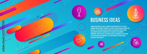 Header banner. Tick, Wineglass and Manager icons simple set. Present delivery, Salary employees and Coupons signs. Confirm check, Burgundy glass. Business set. Line tick icon. Gradient elements