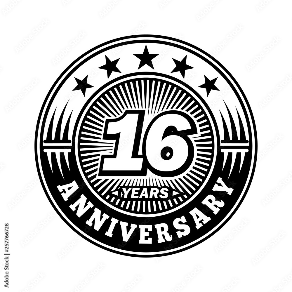 16 years anniversary. Anniversary logo design. Vector and illustration.