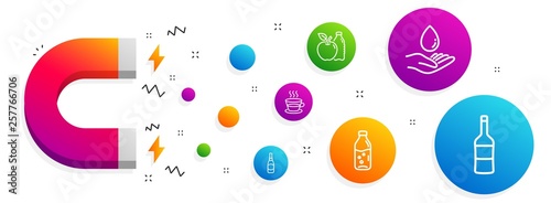 Magnet attracting. Water care, Water bottle and Apple icons simple set. Coffee cup, Beer bottle and Wine signs. Aqua drop, Soda drink. Food and drink set. Line water care icon. Editable stroke. Vector