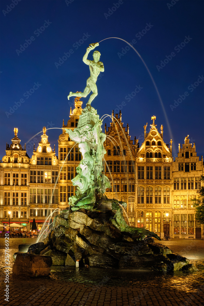 Antwerp Grote Markt with famous Brabo statue and fountain at night, Belgium