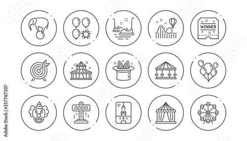 Amusement park line icons. Carousel, Roller coaster and Circus. Clown linear icon set. Line buttons with icon. Editable stroke. Vector