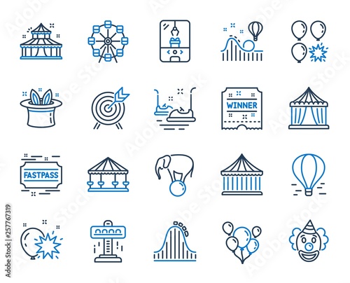 Amusement park line icons. Set of Carousel, Roller coaster and Circus icons. Air balloon, Crane claw machine and Fastpass symbols. Circus amusement park tickets. Ferris wheel carousel. Vector