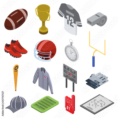 American football equipment icons set. Isometric set of american football equipment vector icons for web design isolated on white background