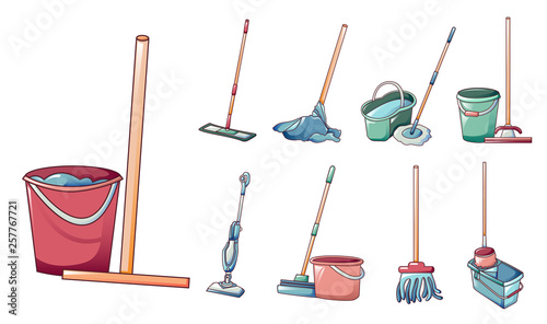Mop icons set. Cartoon set of mop vector icons for web design