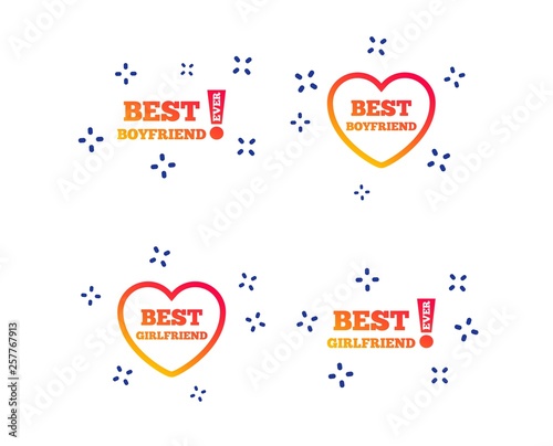 Best boyfriend and girlfriend icons. Heart love signs. Awards with exclamation symbol. Random dynamic shapes. Gradient girlfriend icon. Vector