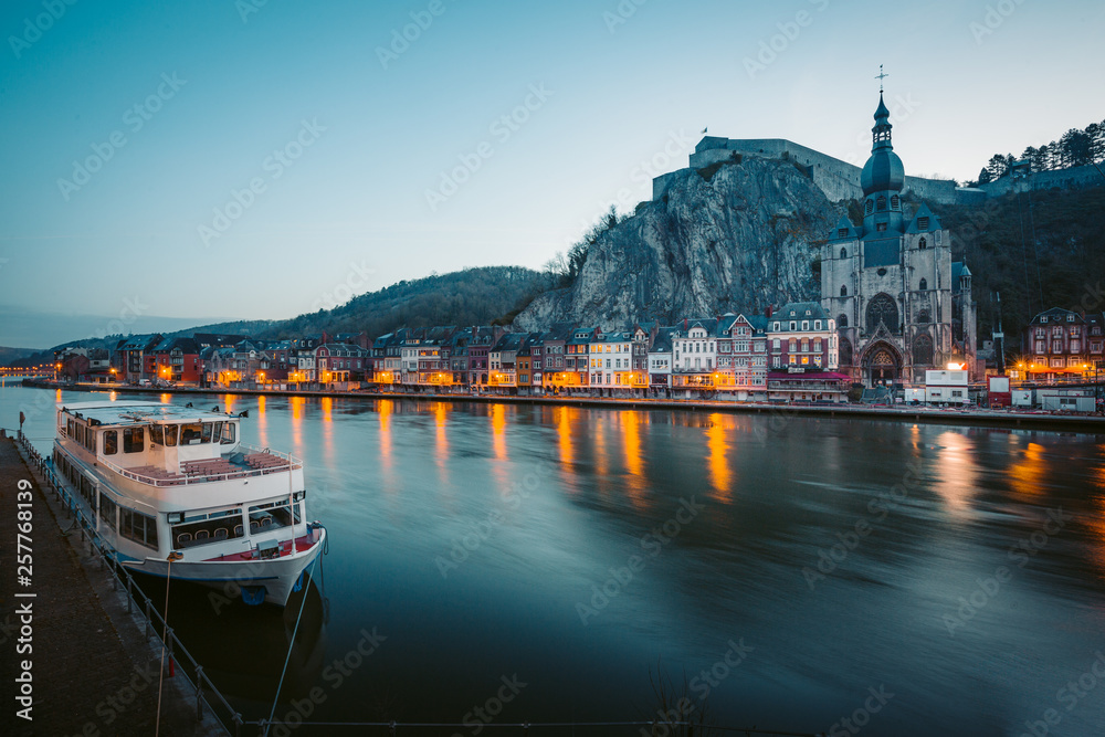 Fototapeta premium Historic town of Dinant with river Meuse at night, Wallonia, Belgium