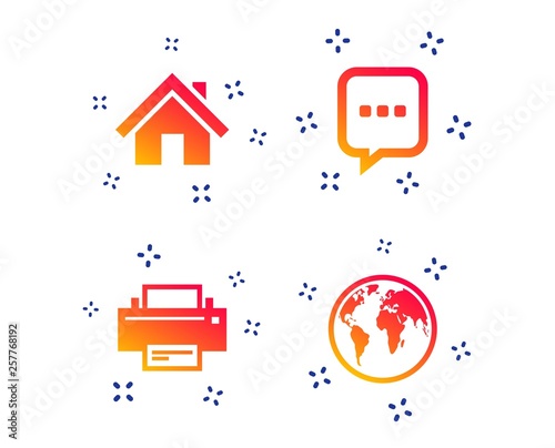 Home main page and globe icons. Printer and chat speech bubble with suspension points sign symbols. Random dynamic shapes. Gradient printer icon. Vector