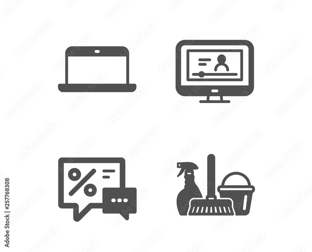 Set of Laptop, Discounts and Online video icons. Household service sign. Mobile computer, Best offer, Video exam. Cleaning equipment. Classic design laptop icon. Flat design. Vector Set of Laptop, Discounts and Online video icons. Household service sign. Mobile computer, Best offer, Video exam. Cleaning equipment. Classic design laptop icon. Flat design. Vector