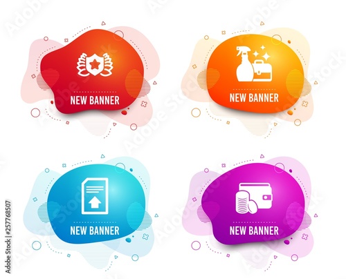 Liquid badges. Set of Upload file, Laureate and Cleanser spray icons. Payment method sign. Load document, Award shield, Washing liquid. Wallet with coins.  Gradient upload file icon. Vector