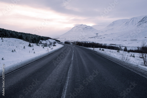 Road in iceland mountains and snow 