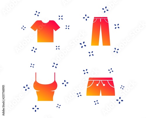 Clothes icons. T-shirt and pants with shorts signs. Swimming trunks symbol. Random dynamic shapes. Gradient pants icon. Vector