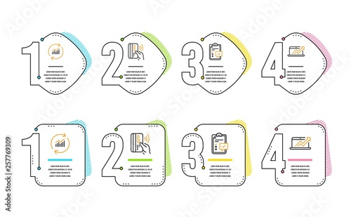 Contactless payment, Checklist and Update data icons simple set. Sales diagram sign. Bank money, Survey, Sales statistics. Sale growth chart. Finance set. Infographic timeline. Vector
