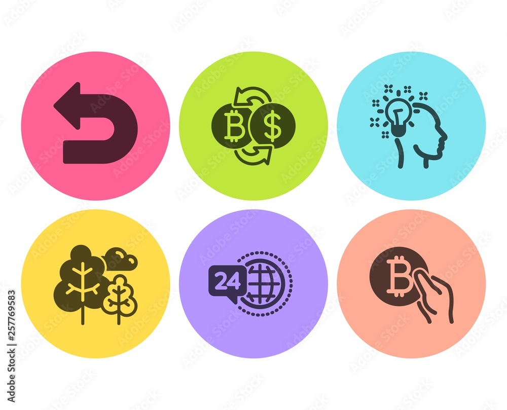 Bitcoin exchange, Undo and Idea icons simple set. Tree, 24h service and Bitcoin pay signs. Cryptocurrency change, Left turn. Business set. Flat bitcoin exchange icon. Circle button. Vector