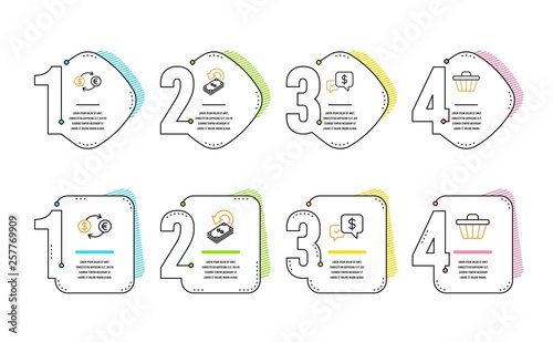 Cashback, Payment received and Currency exchange icons simple set. Shop cart sign. Financial transfer, Money, Banking finance. Web buying. Finance set. Infographic timeline. Line cashback icon