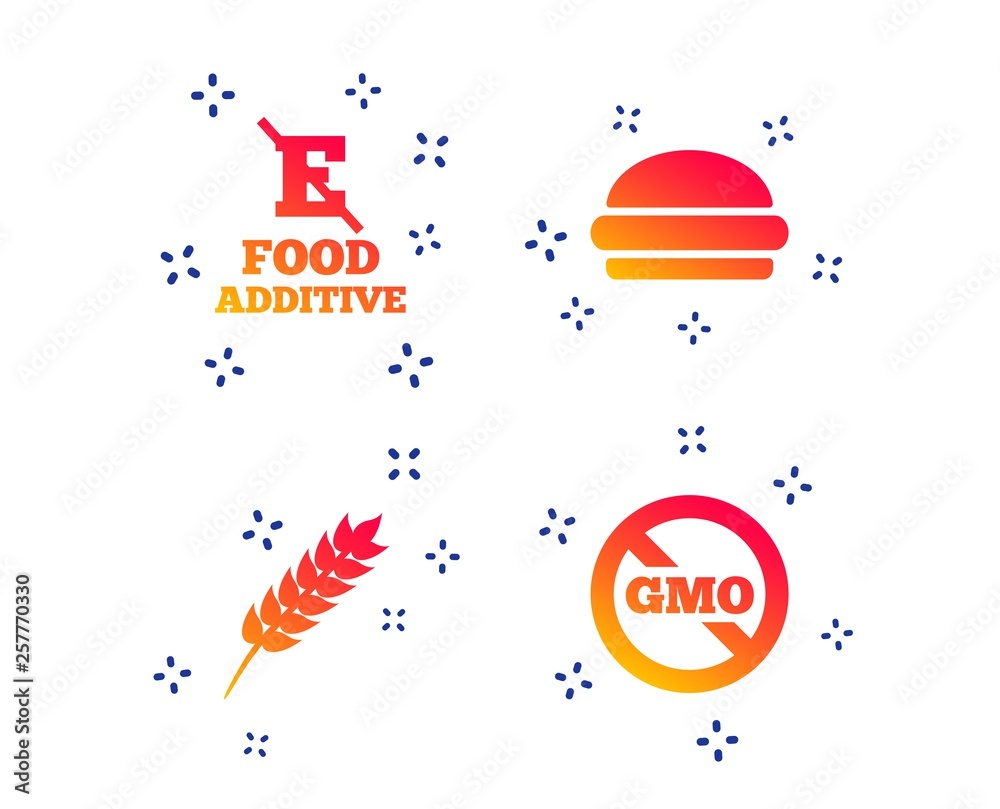 Food additive icon. Hamburger fast food sign. Gluten free and No GMO symbols. Without E acid stabilizers. Random dynamic shapes. Gradient burger icon. Vector Food additive icon. Hamburger fast food sign. Gluten free and No GMO symbols. Without E acid stabilizers. Random dynamic shapes. Gradient burger icon. Vector