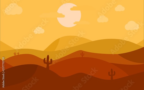 Flat desert landscape with cactus design, vector nature horizontal background