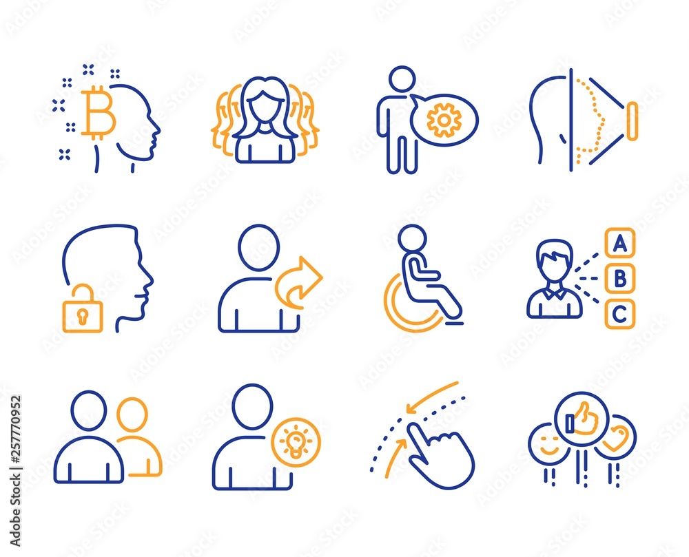 Disabled, Swipe up and Users icons simple set. Opinion, Bitcoin think and Refer friend signs. User idea, Unlock system and Cogwheel symbols. Women group, Face id and Like. Line disabled icon. Vector Disabled, Swipe up and Users icons simple set. Opinion, Bitcoin think and Refer friend signs. User idea, Unlock system and Cogwheel symbols. Women group, Face id and Like. Line disabled icon. Vector