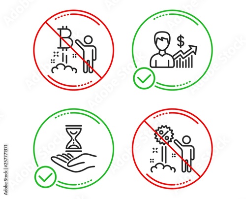 Do or Stop. Bitcoin project, Business growth and Time hourglass icons simple set. Discount sign. Cryptocurrency startup, Earnings results, Sand watch. Sale shopping. People set. Vector