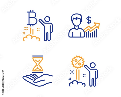 Bitcoin project, Business growth and Time hourglass icons simple set. Discount sign. Cryptocurrency startup, Earnings results, Sand watch. Sale shopping. People set. Linear bitcoin project icon