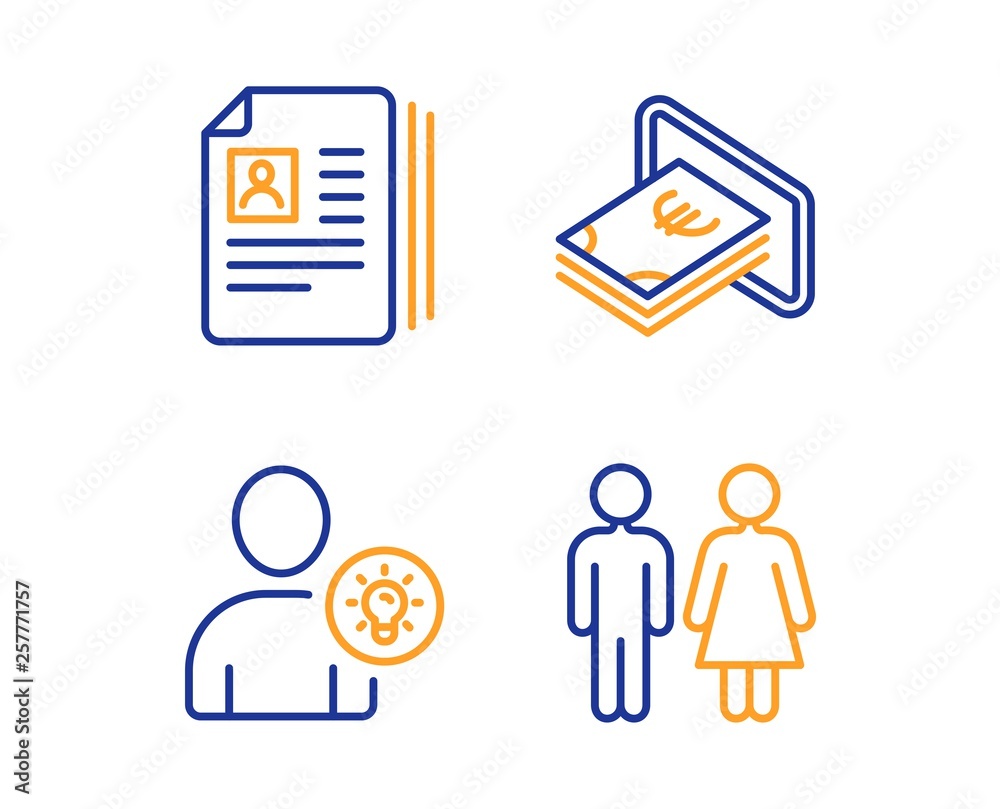 User idea, Cash and Cv documents icons simple set. Restroom sign. Light bulb, Atm payment, Portfolio files. Wc toilet. Linear user idea icon. Colorful design set. Vector User idea, Cash and Cv documents icons simple set. Restroom sign. Light bulb, Atm payment, Portfolio files. Wc toilet. Linear user idea icon. Colorful design set. Vector